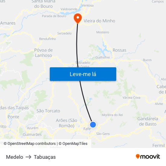 Medelo to Tabuaças map