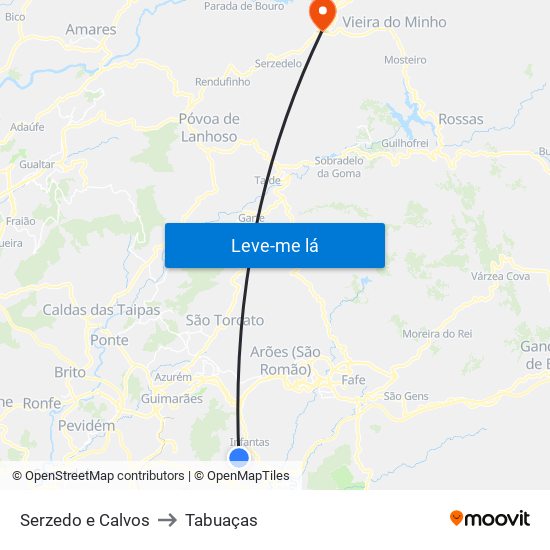 Serzedo e Calvos to Tabuaças map