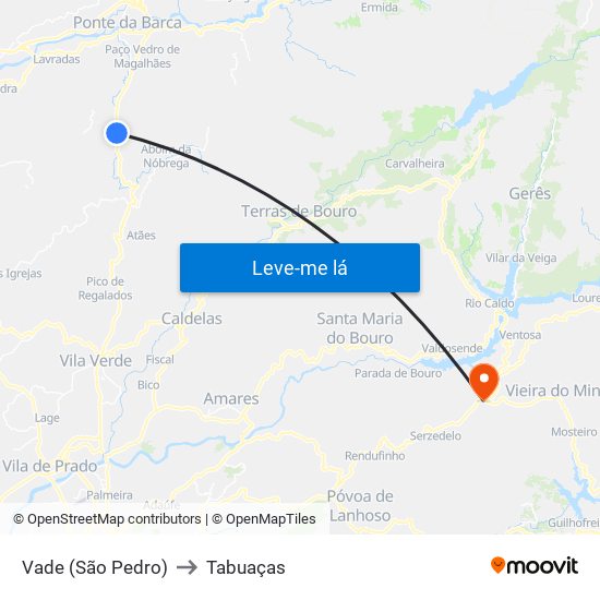 Vade (São Pedro) to Tabuaças map