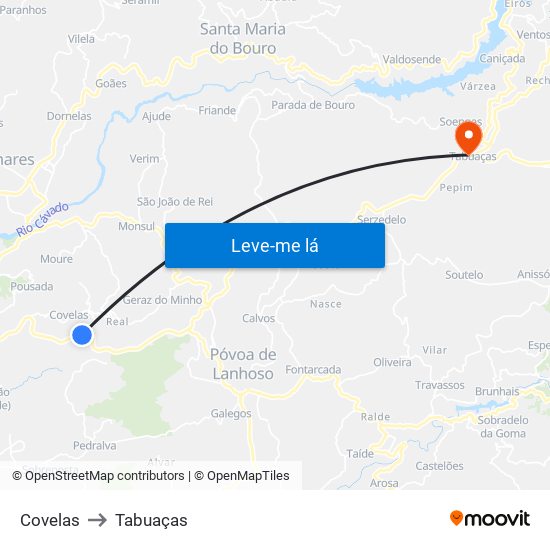 Covelas to Tabuaças map