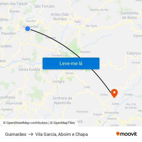 Guimarães to Vila Garcia, Aboim e Chapa map