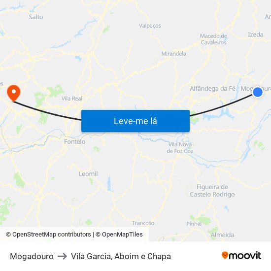 Mogadouro to Vila Garcia, Aboim e Chapa map