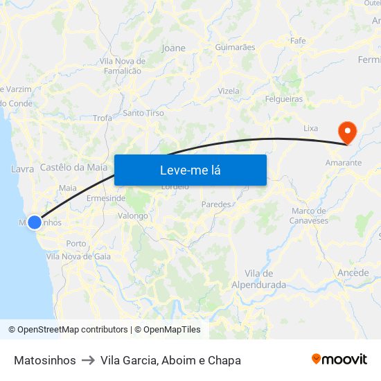 Matosinhos to Vila Garcia, Aboim e Chapa map