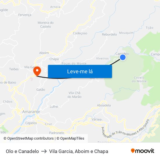 Olo e Canadelo to Vila Garcia, Aboim e Chapa map