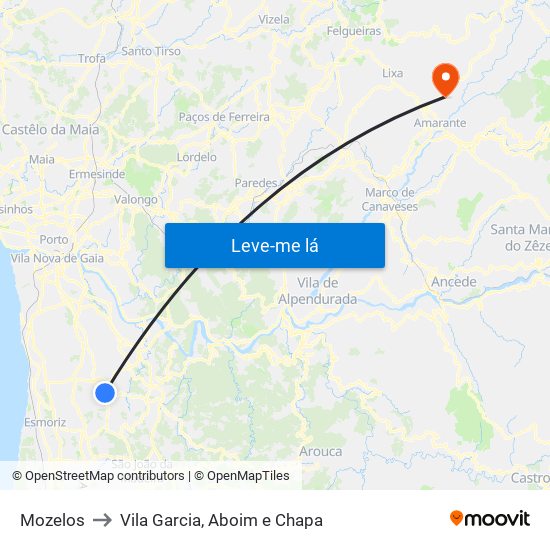 Mozelos to Vila Garcia, Aboim e Chapa map