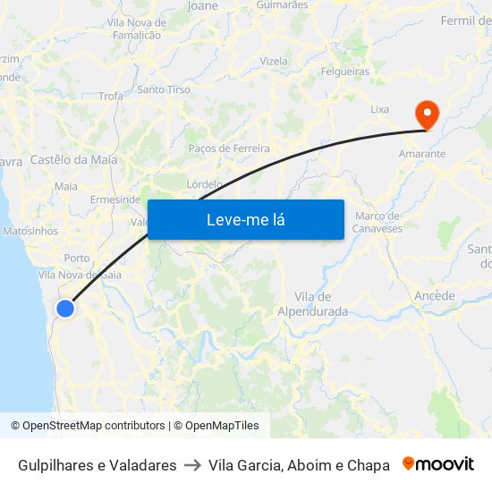 Gulpilhares e Valadares to Vila Garcia, Aboim e Chapa map