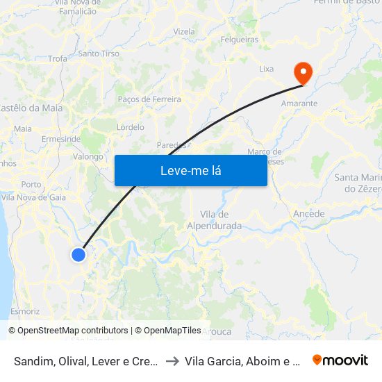 Sandim, Olival, Lever e Crestuma to Vila Garcia, Aboim e Chapa map