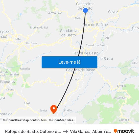 Refojos de Basto, Outeiro e Painzela to Vila Garcia, Aboim e Chapa map