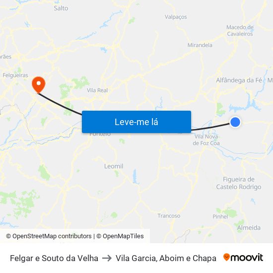 Felgar e Souto da Velha to Vila Garcia, Aboim e Chapa map