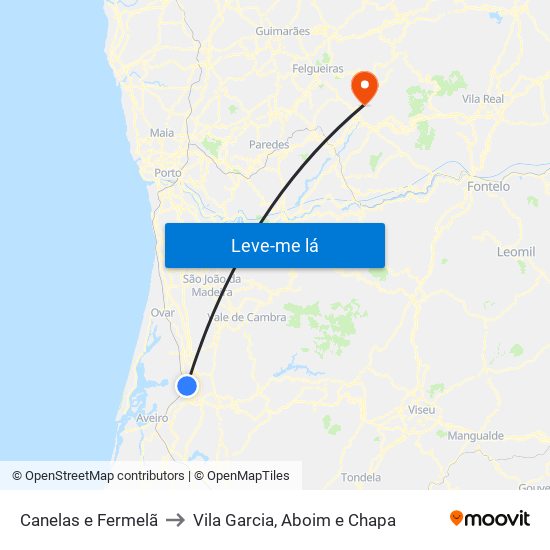 Canelas e Fermelã to Vila Garcia, Aboim e Chapa map