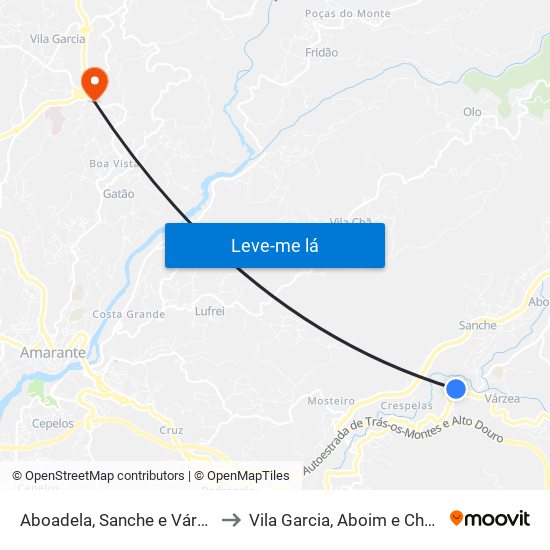 Aboadela, Sanche e Várzea to Vila Garcia, Aboim e Chapa map