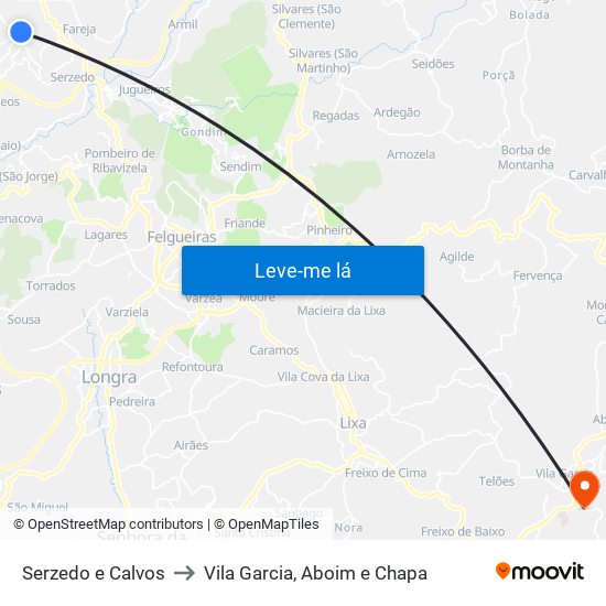 Serzedo e Calvos to Vila Garcia, Aboim e Chapa map