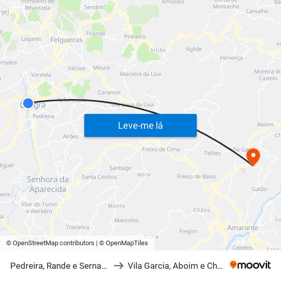 Pedreira, Rande e Sernande to Vila Garcia, Aboim e Chapa map