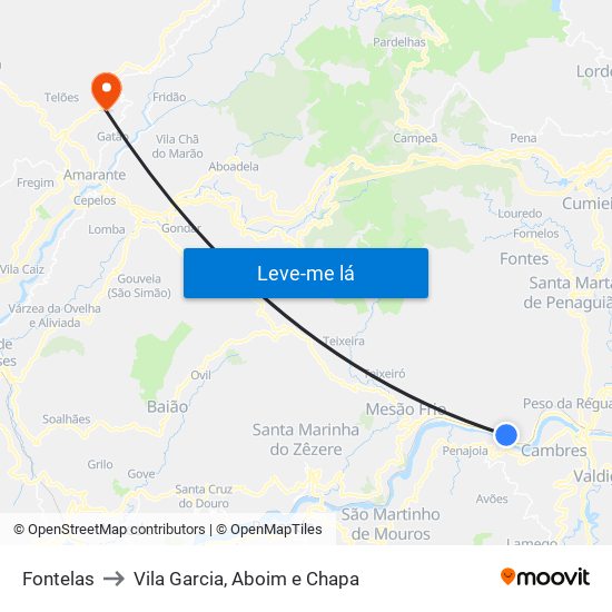 Fontelas to Vila Garcia, Aboim e Chapa map