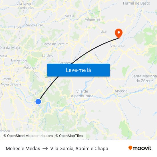 Melres e Medas to Vila Garcia, Aboim e Chapa map