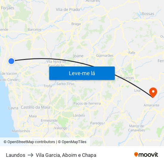 Laundos to Vila Garcia, Aboim e Chapa map