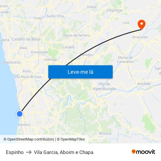 Espinho to Vila Garcia, Aboim e Chapa map