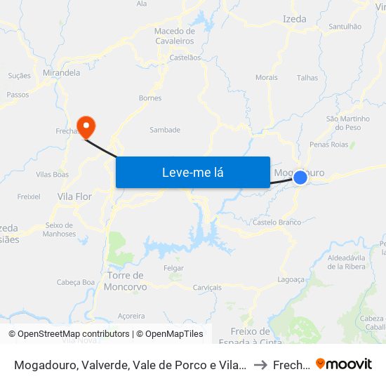 Mogadouro, Valverde, Vale de Porco e Vilar de Rei to Frechas map