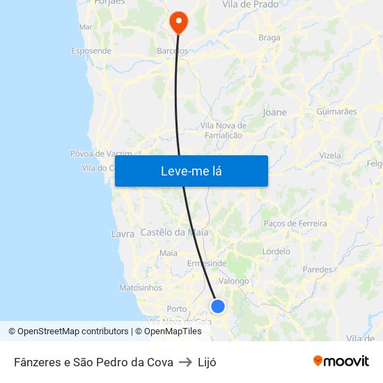 Fânzeres e São Pedro da Cova to Lijó map