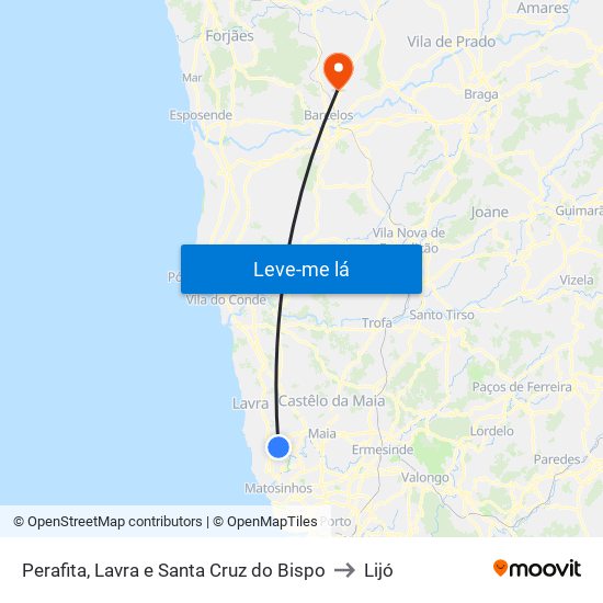 Perafita, Lavra e Santa Cruz do Bispo to Lijó map