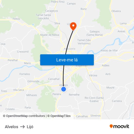 Alvelos to Lijó map