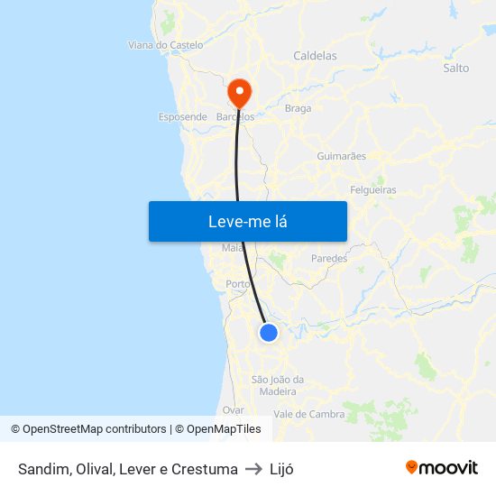 Sandim, Olival, Lever e Crestuma to Lijó map