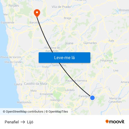 Penafiel to Lijó map