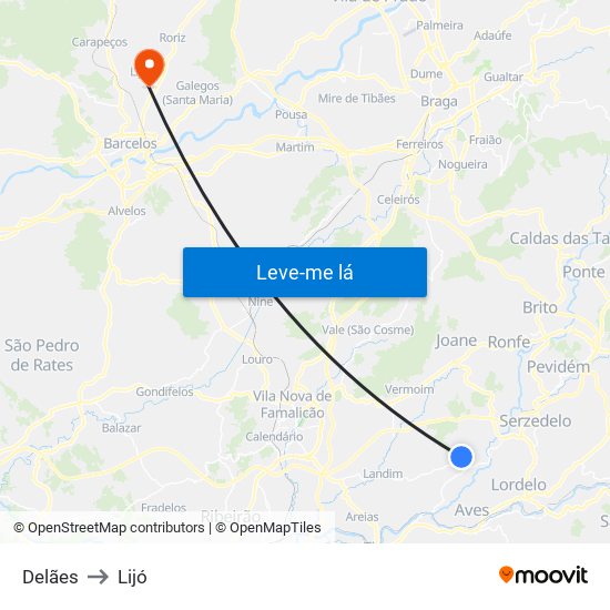 Delães to Lijó map