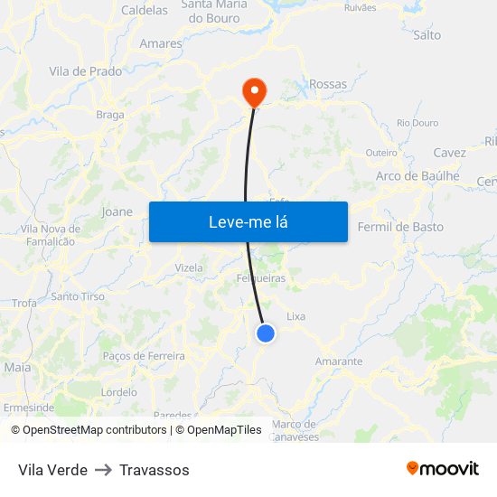 Vila Verde to Travassos map