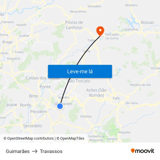 Guimarães to Travassos map