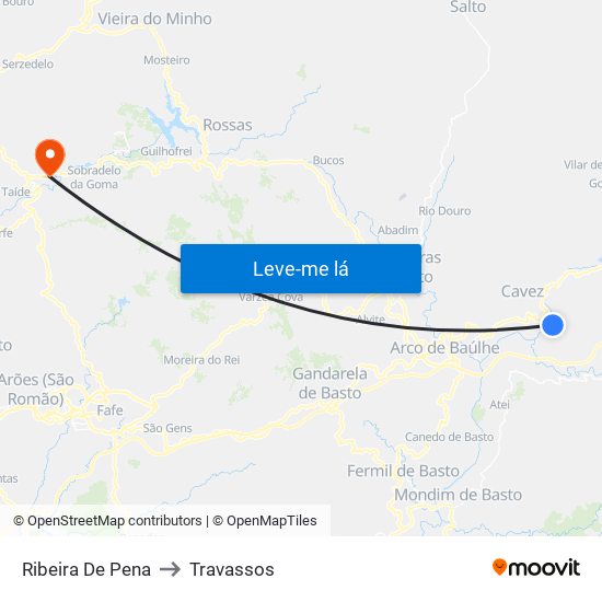 Ribeira De Pena to Travassos map