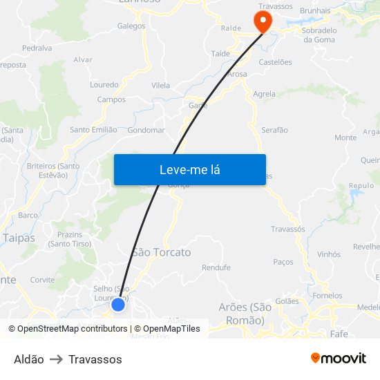 Aldão to Travassos map