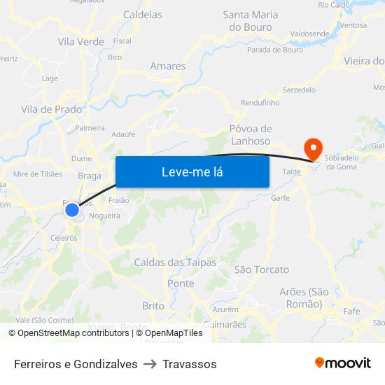 Ferreiros e Gondizalves to Travassos map