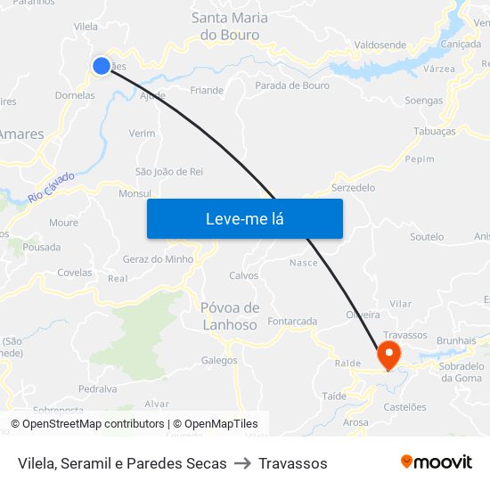 Vilela, Seramil e Paredes Secas to Travassos map