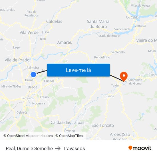 Real, Dume e Semelhe to Travassos map