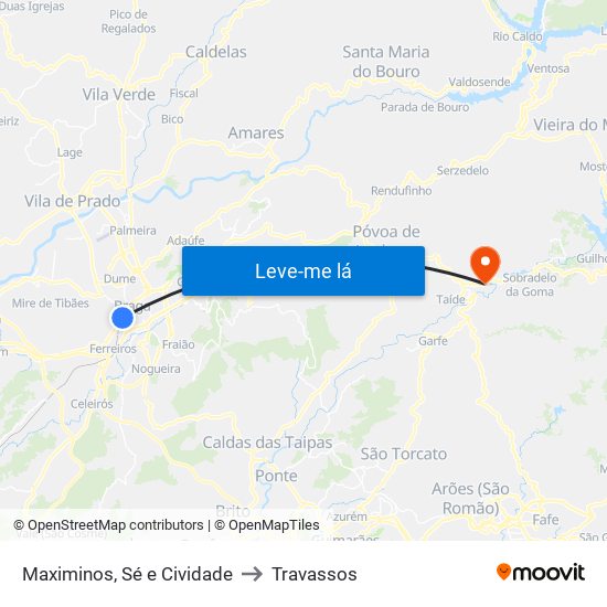 Maximinos, Sé e Cividade to Travassos map