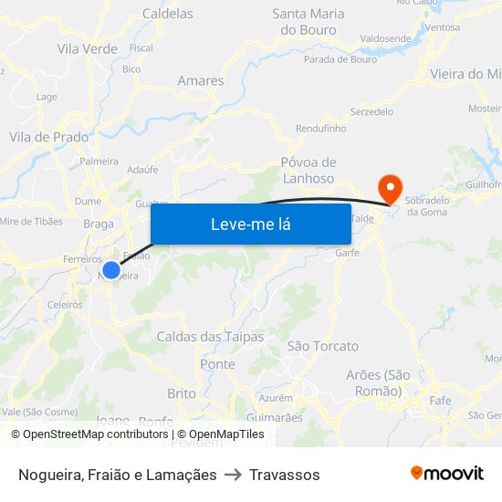 Nogueira, Fraião e Lamaçães to Travassos map