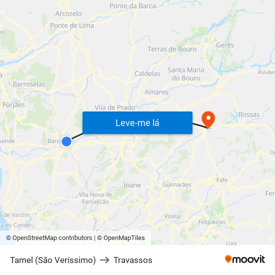 Tamel (São Veríssimo) to Travassos map
