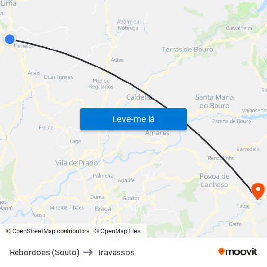 Rebordões (Souto) to Travassos map