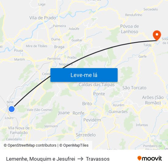 Lemenhe, Mouquim e Jesufrei to Travassos map