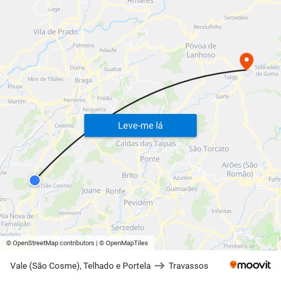Vale (São Cosme), Telhado e Portela to Travassos map
