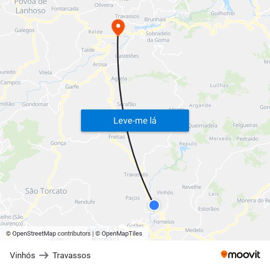 Vinhós to Travassos map