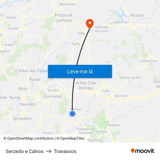 Serzedo e Calvos to Travassos map