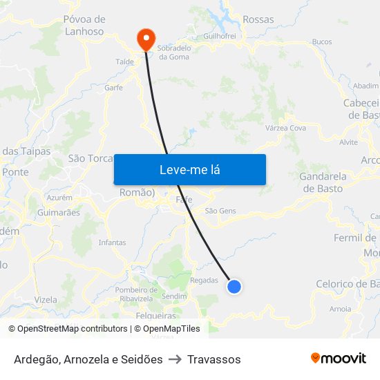 Ardegão, Arnozela e Seidões to Travassos map