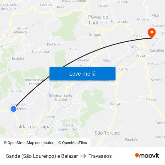 Sande (São Lourenço) e Balazar to Travassos map