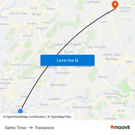 Santo Tirso to Travassos map