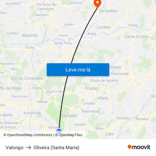 Valongo to Oliveira (Santa Maria) map