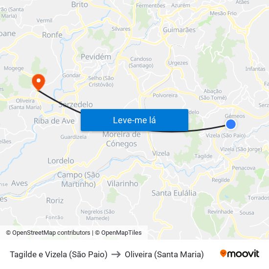Tagilde e Vizela (São Paio) to Oliveira (Santa Maria) map