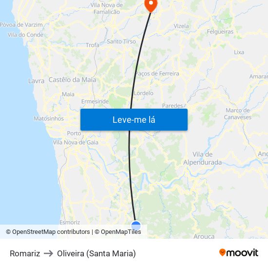 Romariz to Oliveira (Santa Maria) map