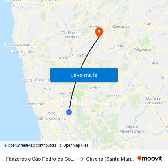 Fânzeres e São Pedro da Cova to Oliveira (Santa Maria) map